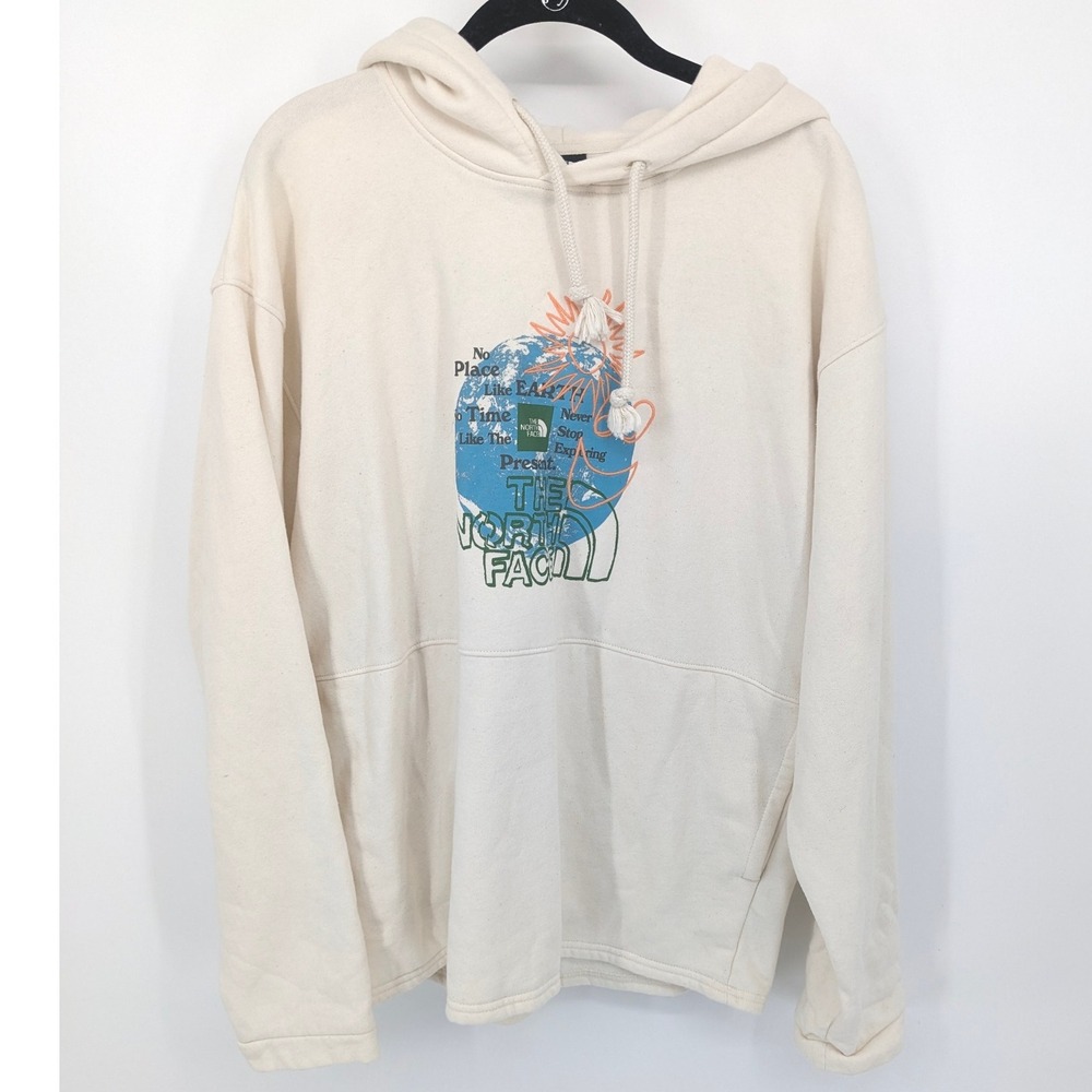 The North Face Hoodie Mens Medium Ivory Graphic Print Sweatshirt Earth Casual